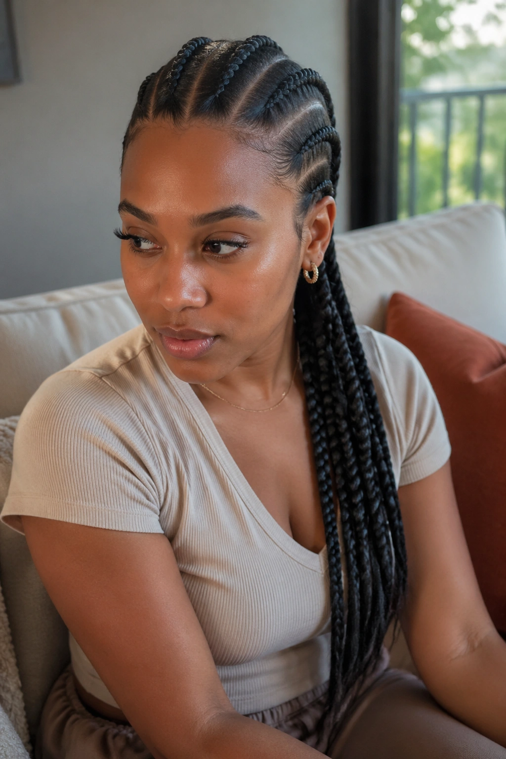 Five braids pulled to one side cascading over shoulder