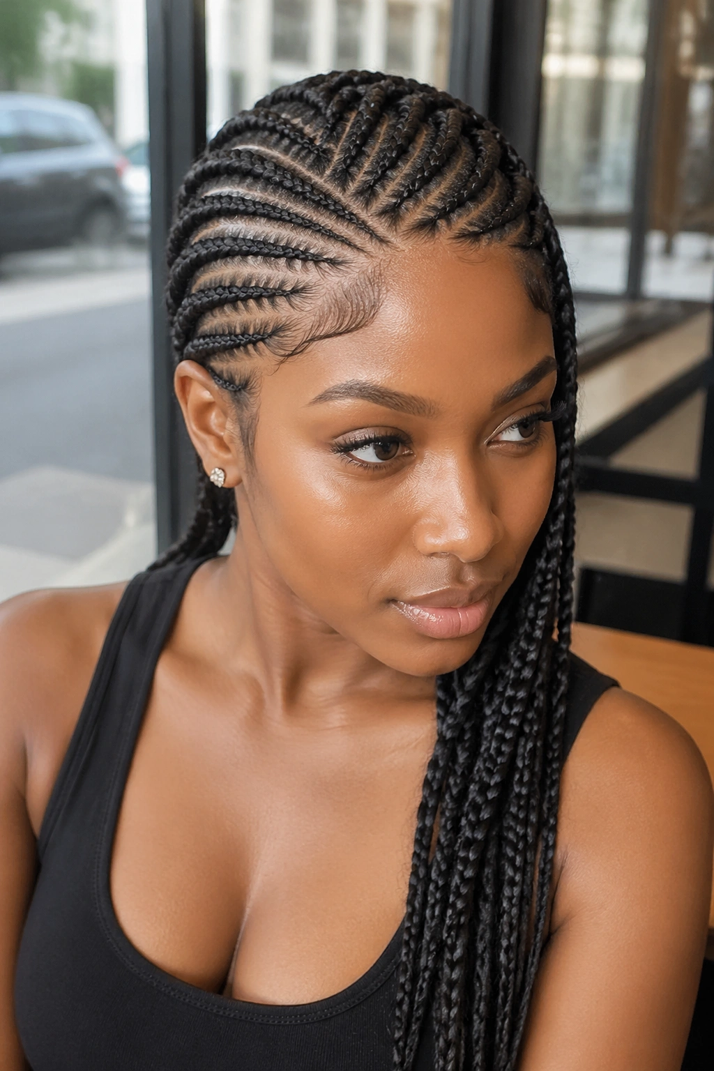 Close-up of side-swept cornrows on a real woman's head
