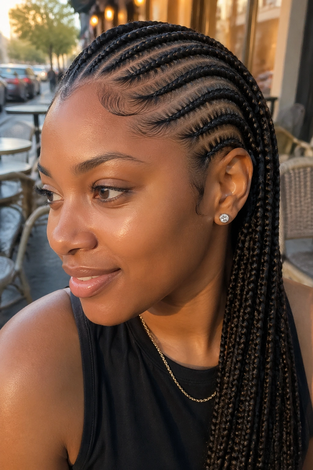 Close-up of side-swept diagonal cornrows on a real woman's head.