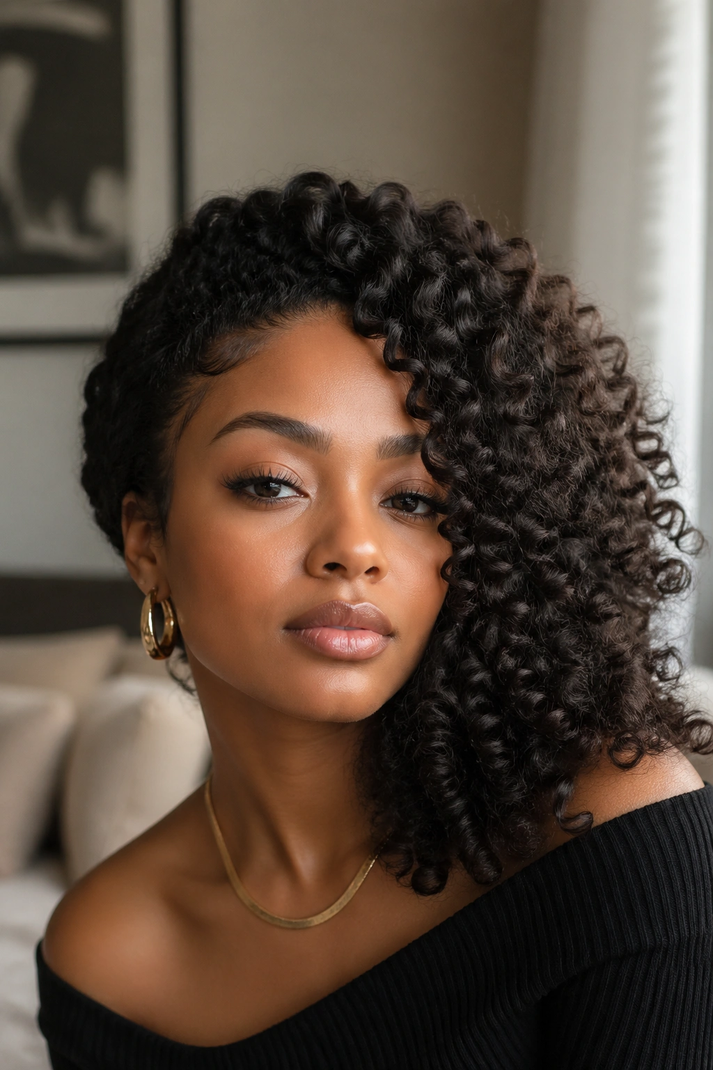 Real person with side-swept curls and dramatic one-side hair styling
