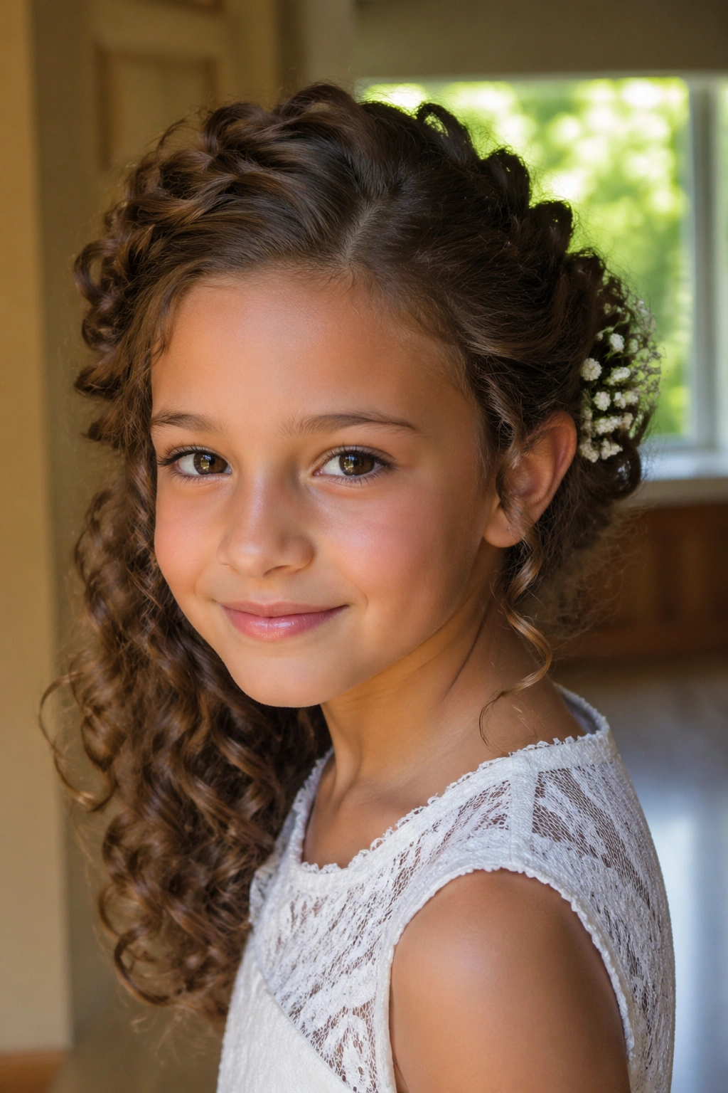 Close-up of a real girl with a side-swept curly halo hairstyle