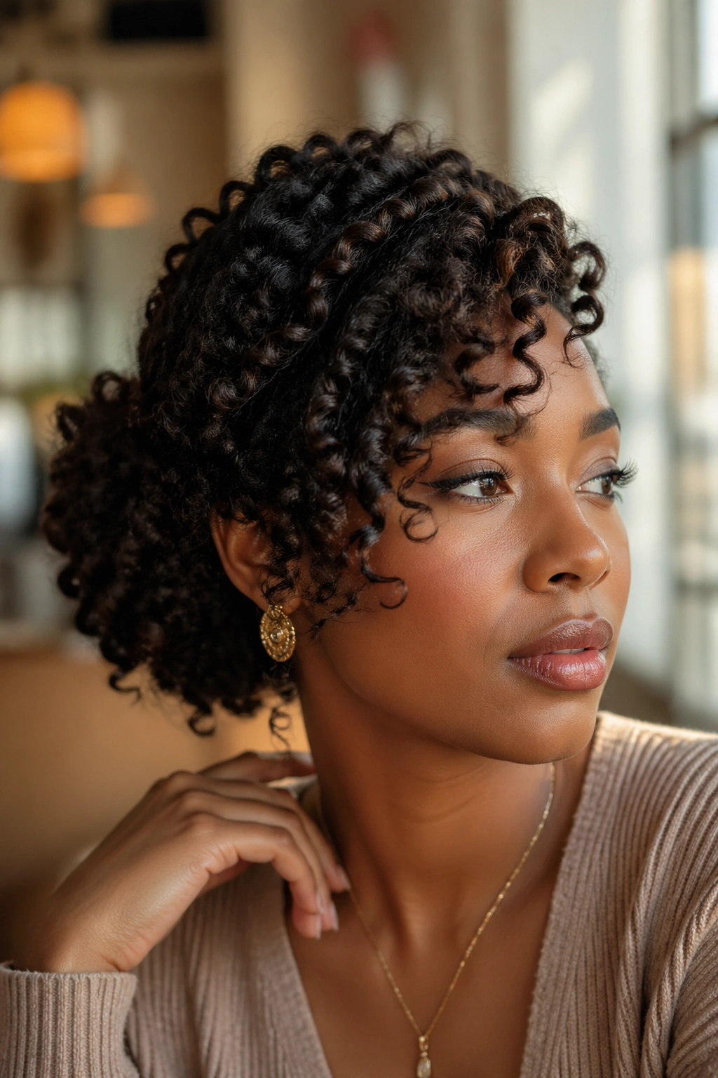 Close-up of side-swept curly chignon on a real woman.