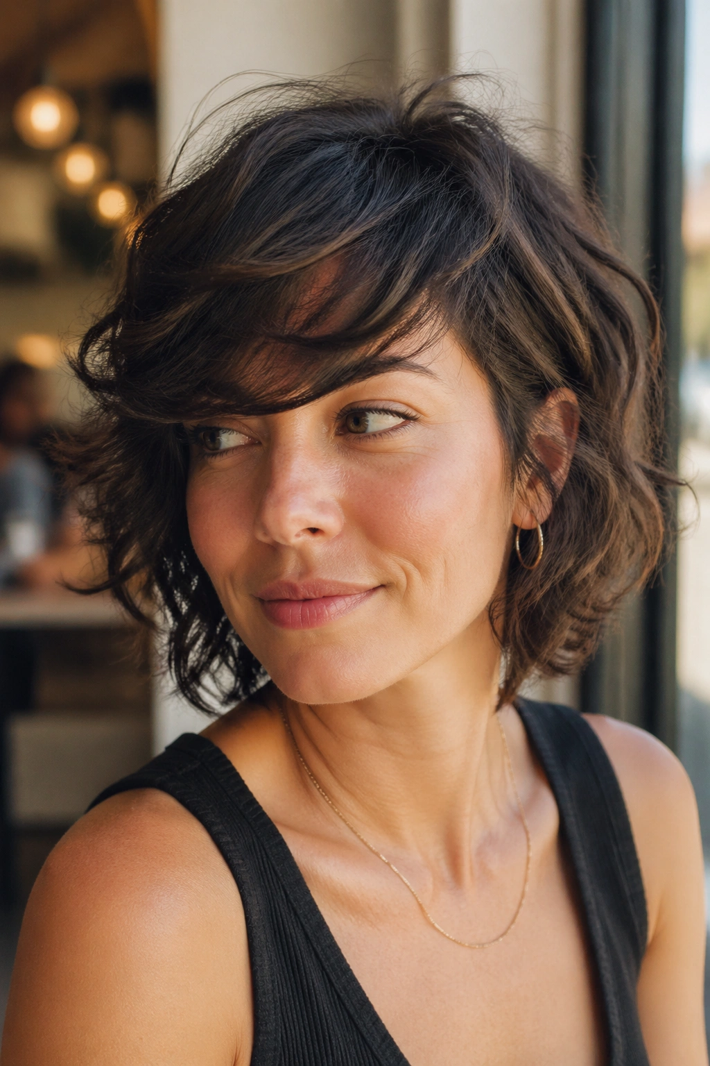 Close-up portrait of a real person with Side-Swept Fringe Shag hairstyle in cafe window light