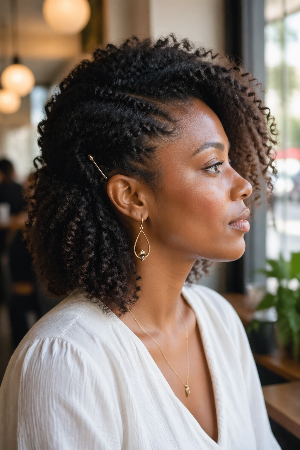 Close-up of a real woman with a side-swept half-up hairstyle under natural daylight