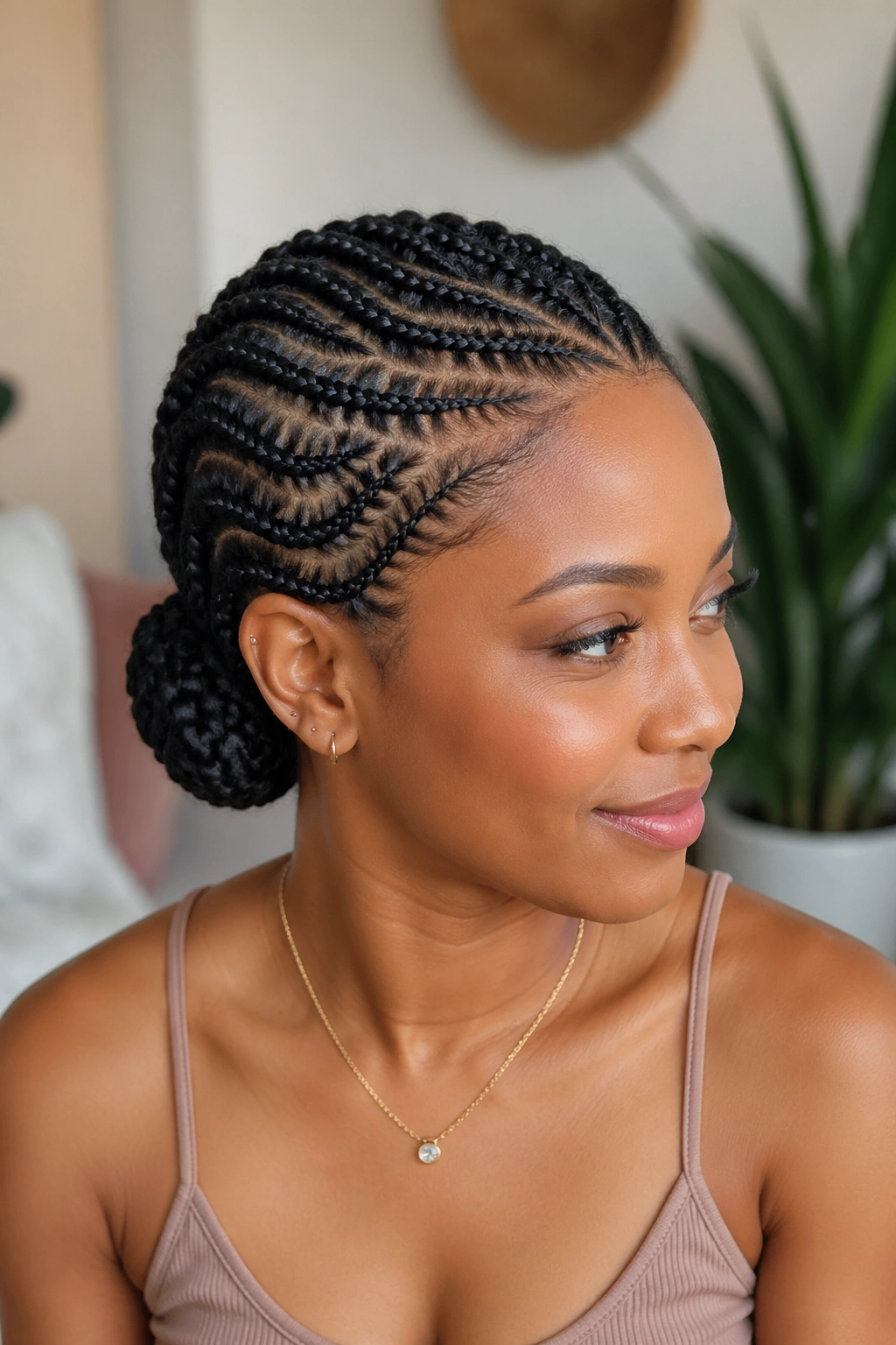 Three-quarter view of a woman with side-swept cornrows into a low bun