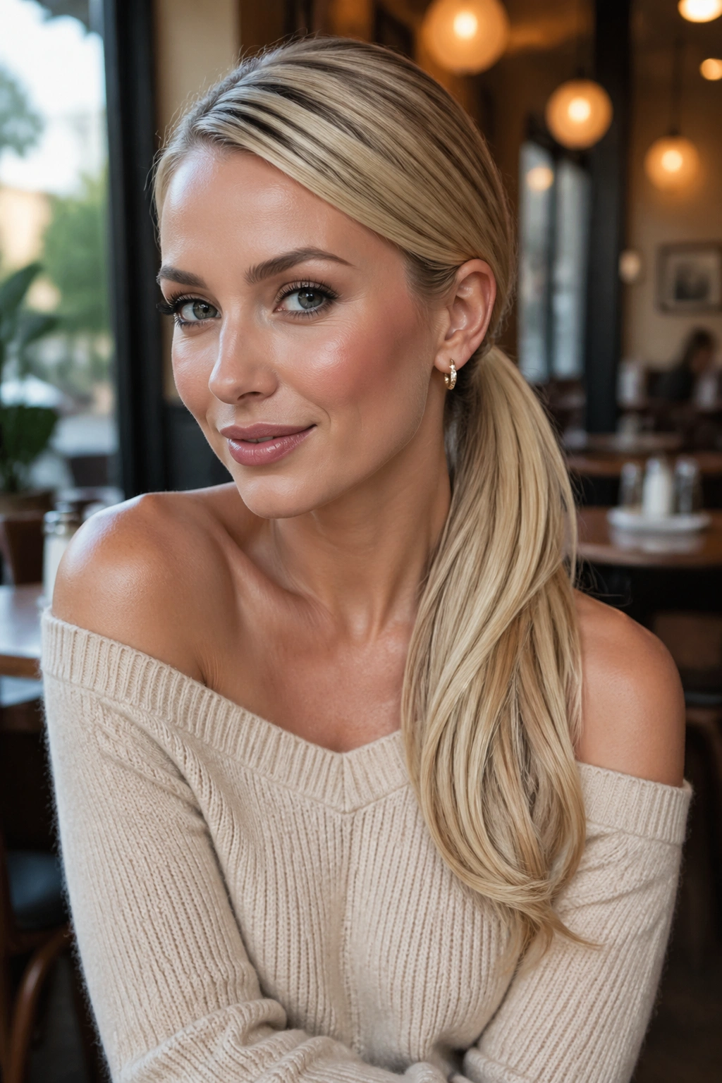 Close-up portrait of a real woman with a side-swept low ponytail