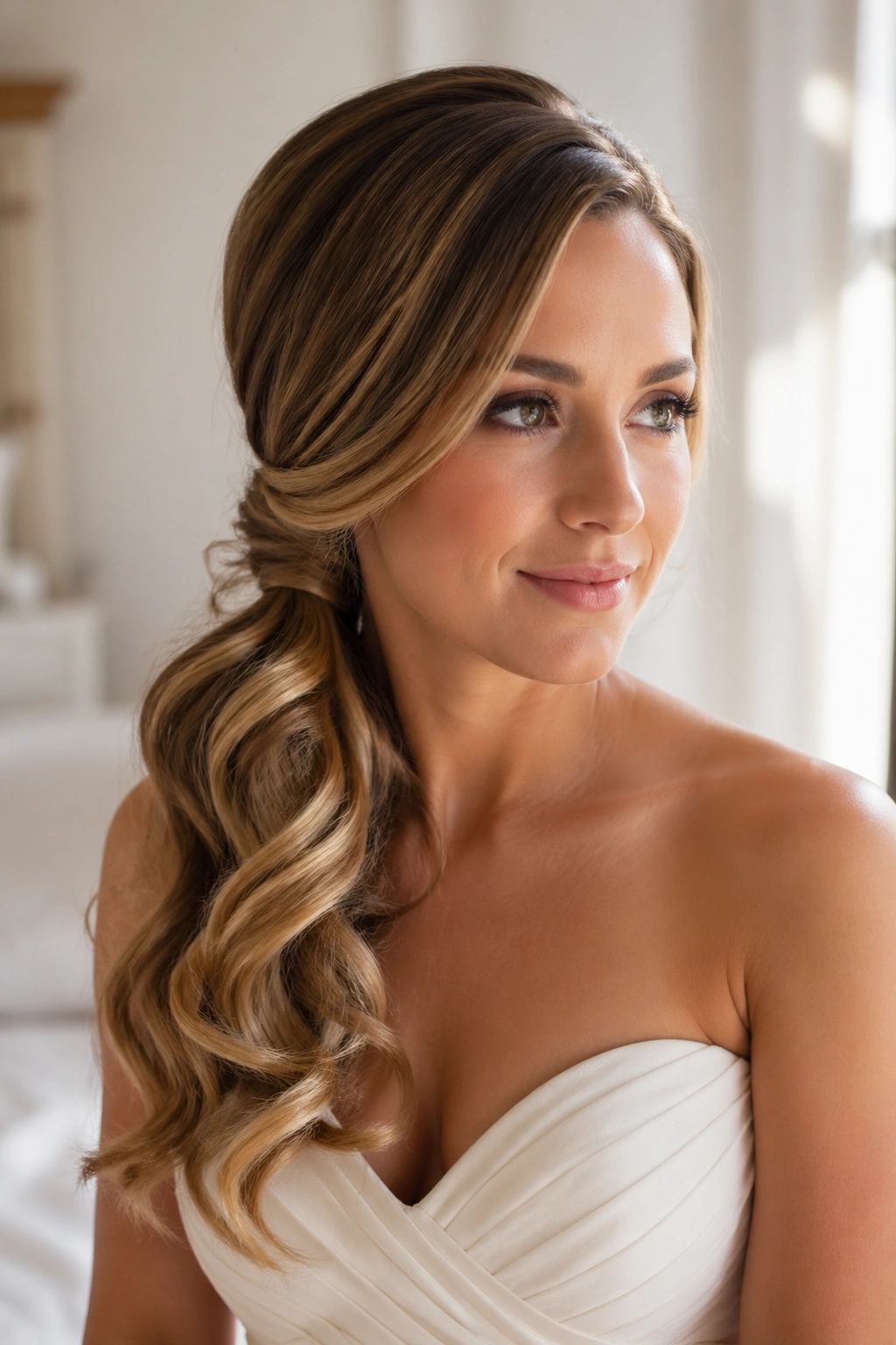 Close-up of a real bride with a side-swept wavy ponytail over a shoulder.