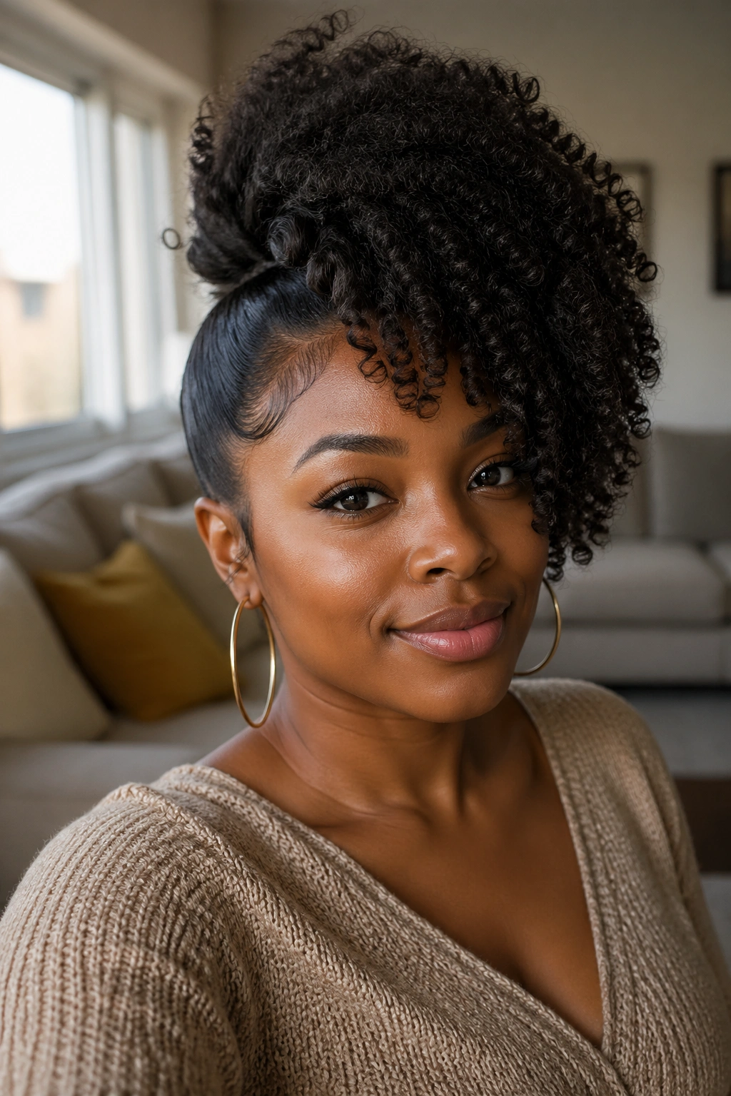 Close-up portrait of a real Black woman with a side-swept curly puff hairstyle, natural window light