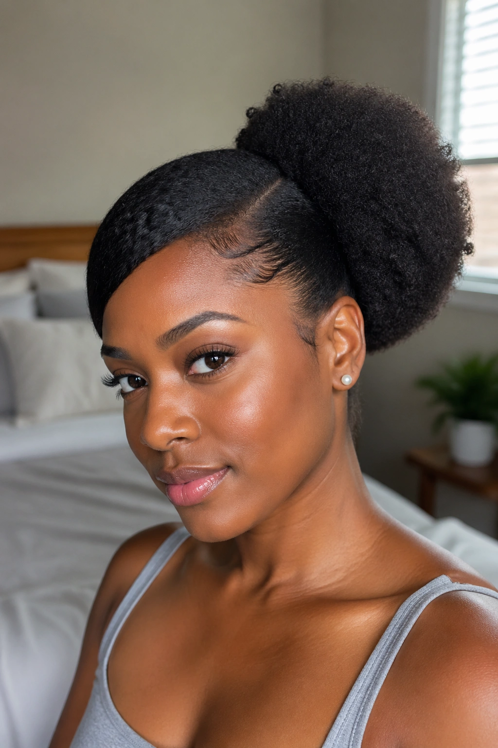 Close-up of real woman with side-swept puff above the ear, natural window light.