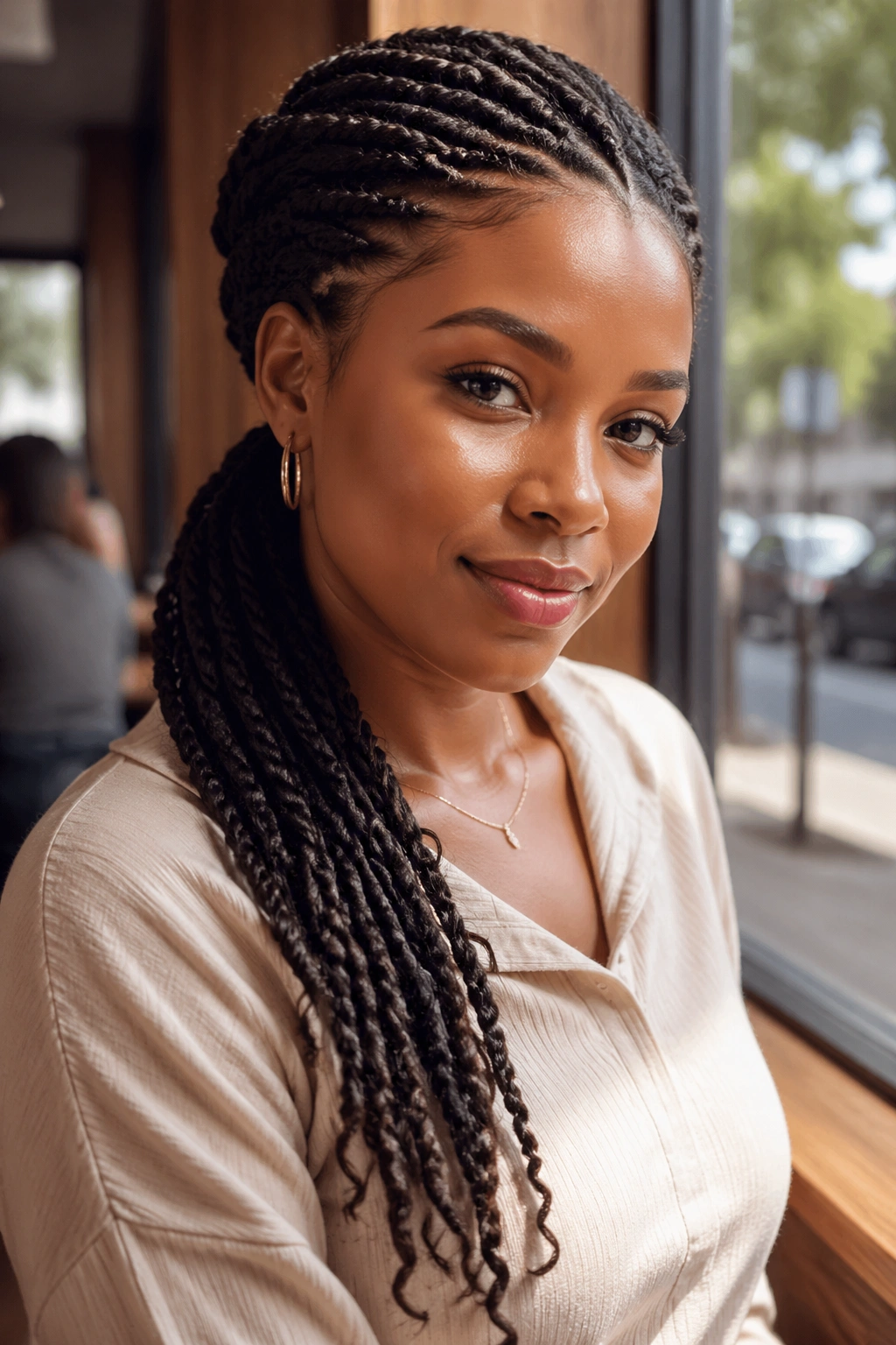 Close-up of a real woman with a side-swept twist ponytail draping over one shoulder in cafe window light