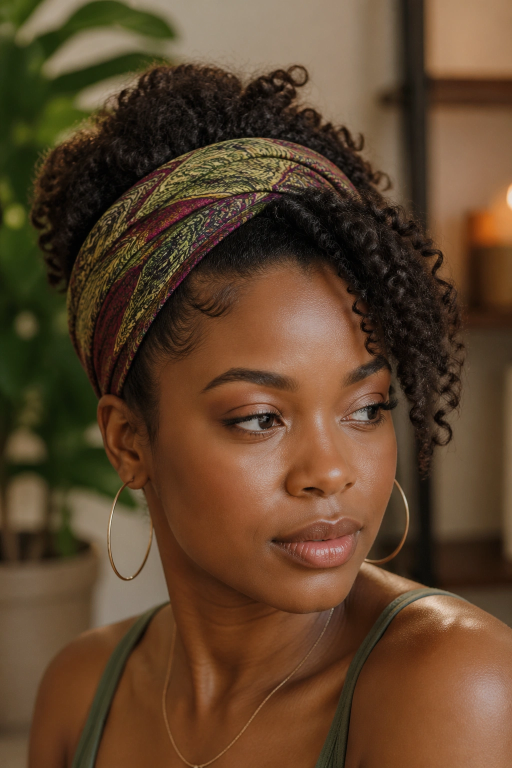 Close-up of a real woman with a side swept updo and headband