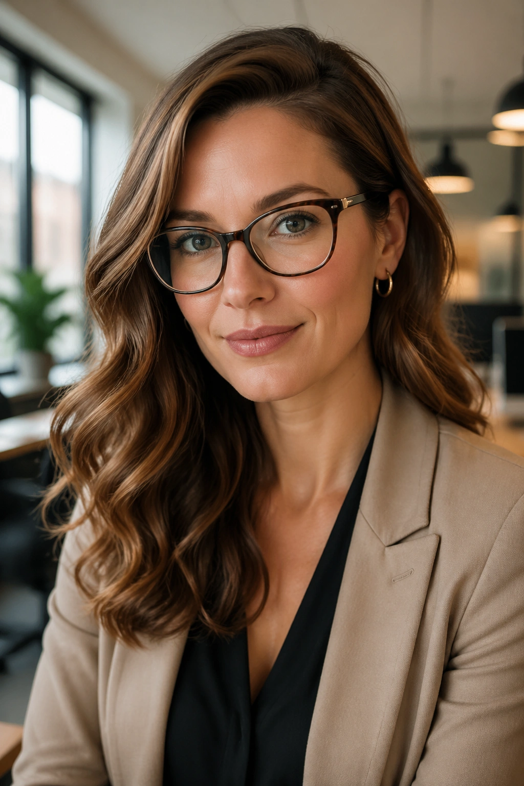 Portrait of a woman with side-swept waves and glasses in an office setting