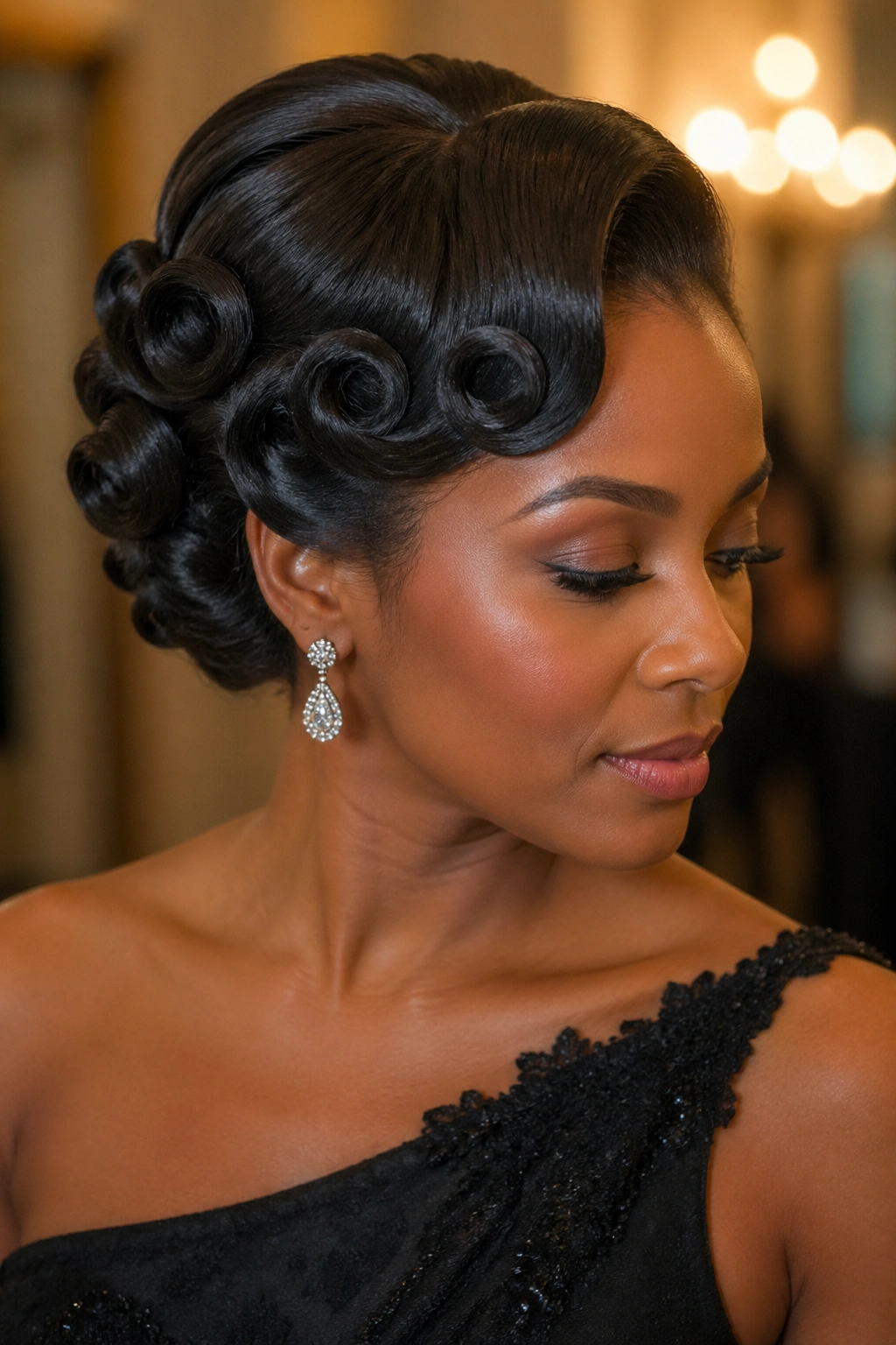 Real woman with an elegant silk-pressed hairstyle featuring pin curls for a special occasion.