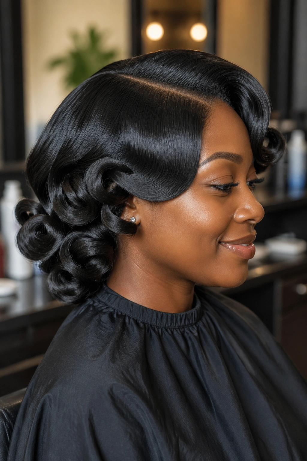 Real person with silk-press pin curls showing shiny, polished curls in side profile