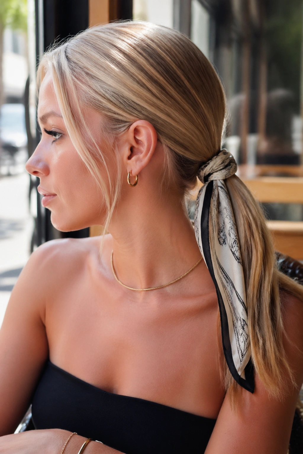 Close-up portrait of a real woman with silk-scarf blonde low ponytail.