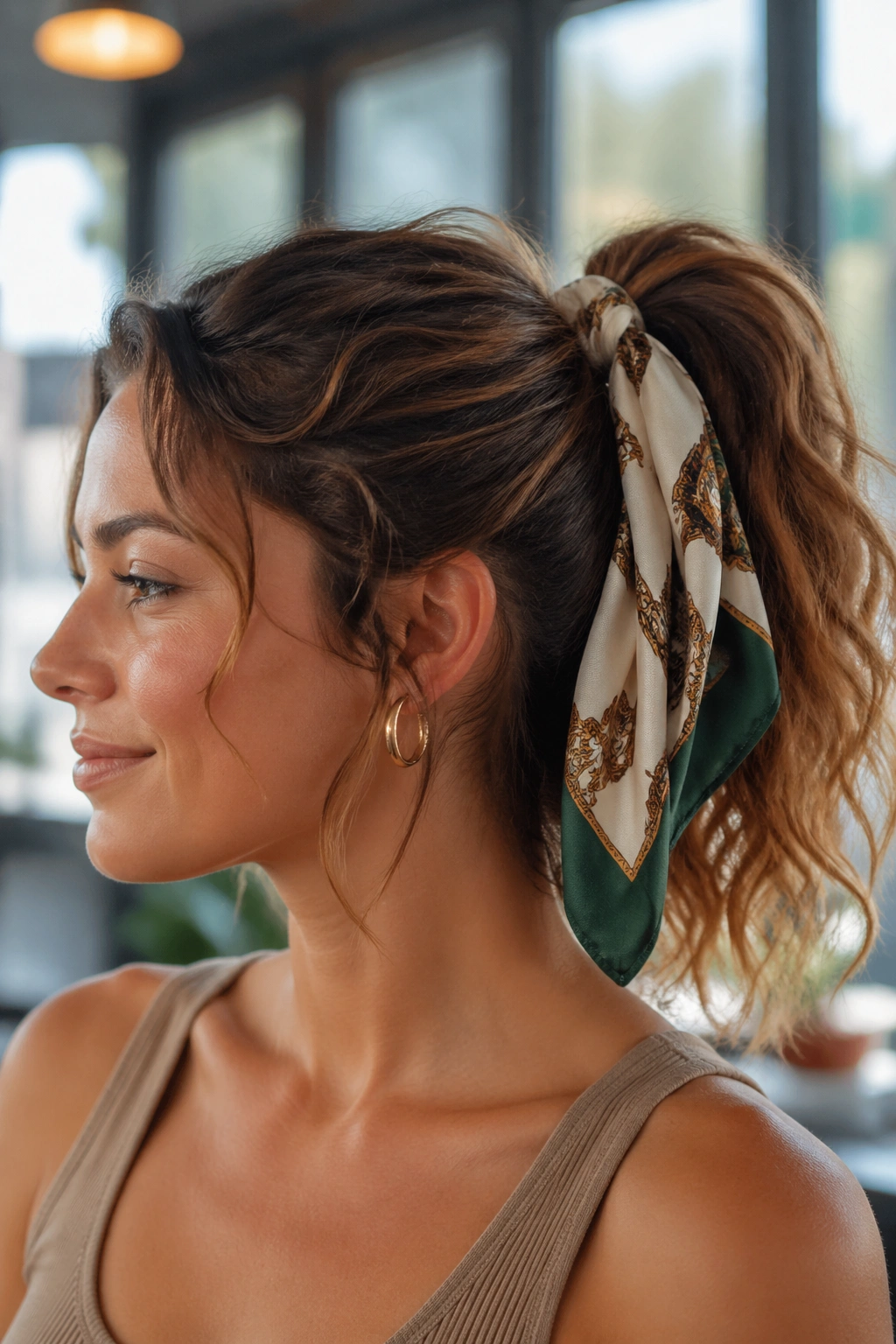Real woman with ponytail wrapped in silk scarf