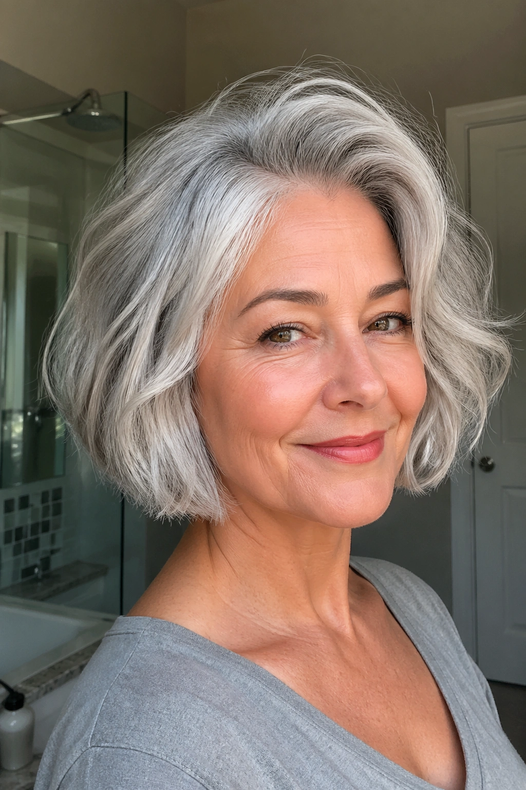 Close-up of a real woman with a silver bob and crown lift