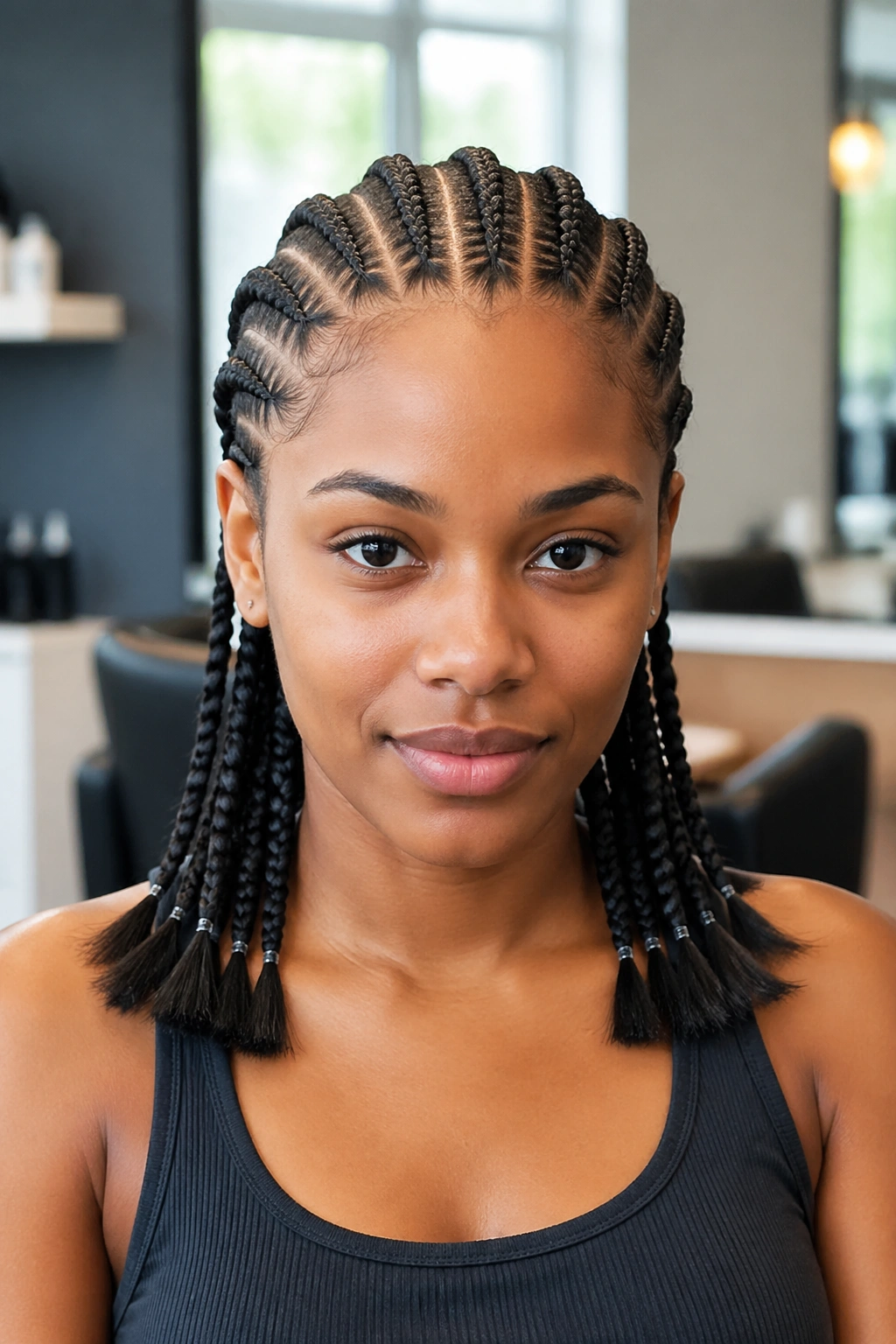 Close-up of a real woman with six straight-back cornrows ending with clear elastics past the shoulders.