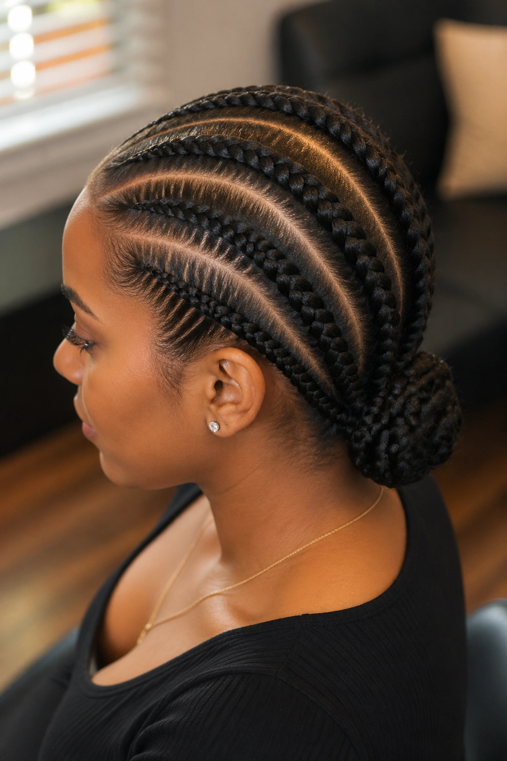 Real person with six cornrows forming a low bun at the nape