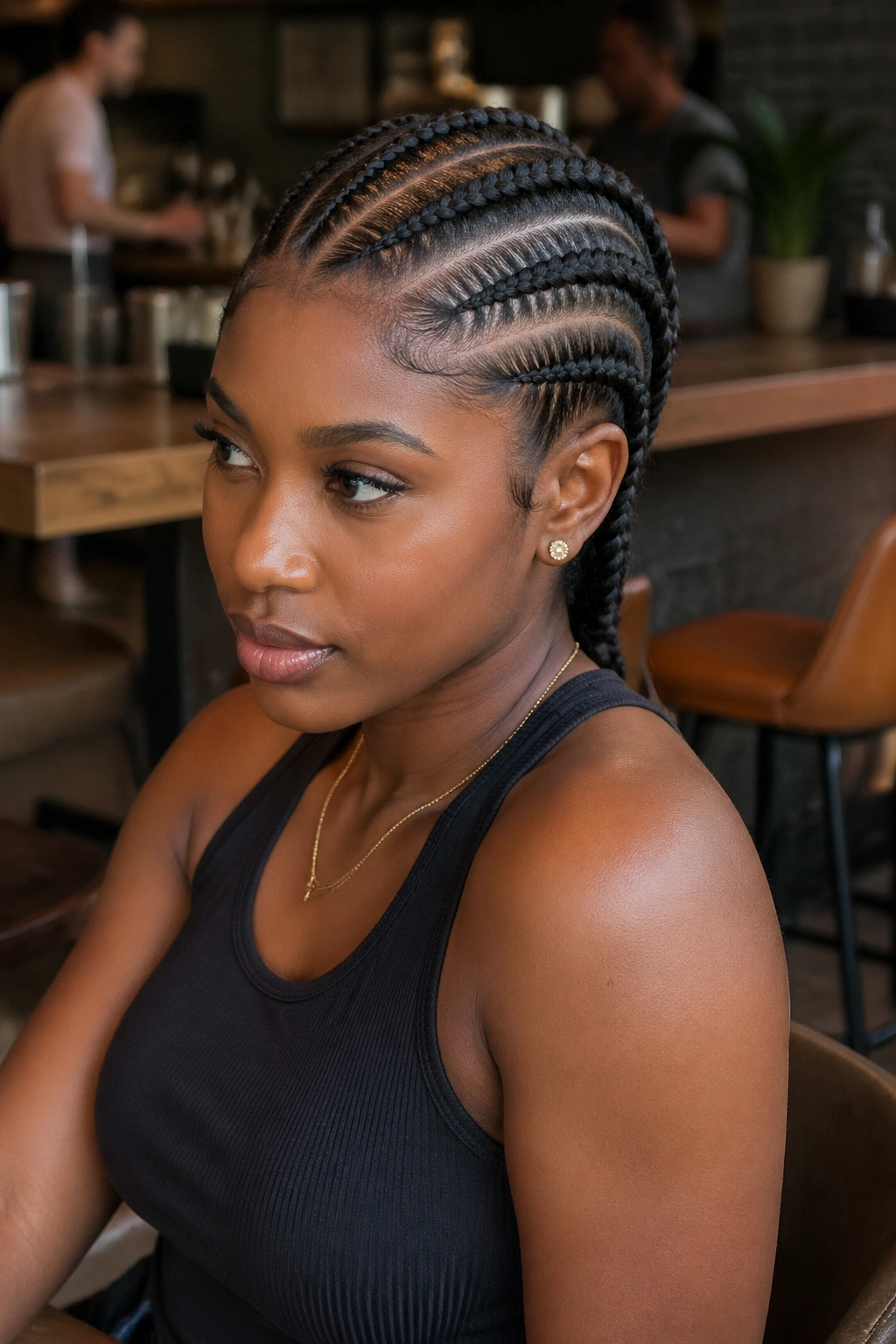 Real person with six cornrows and a front-side side sweep