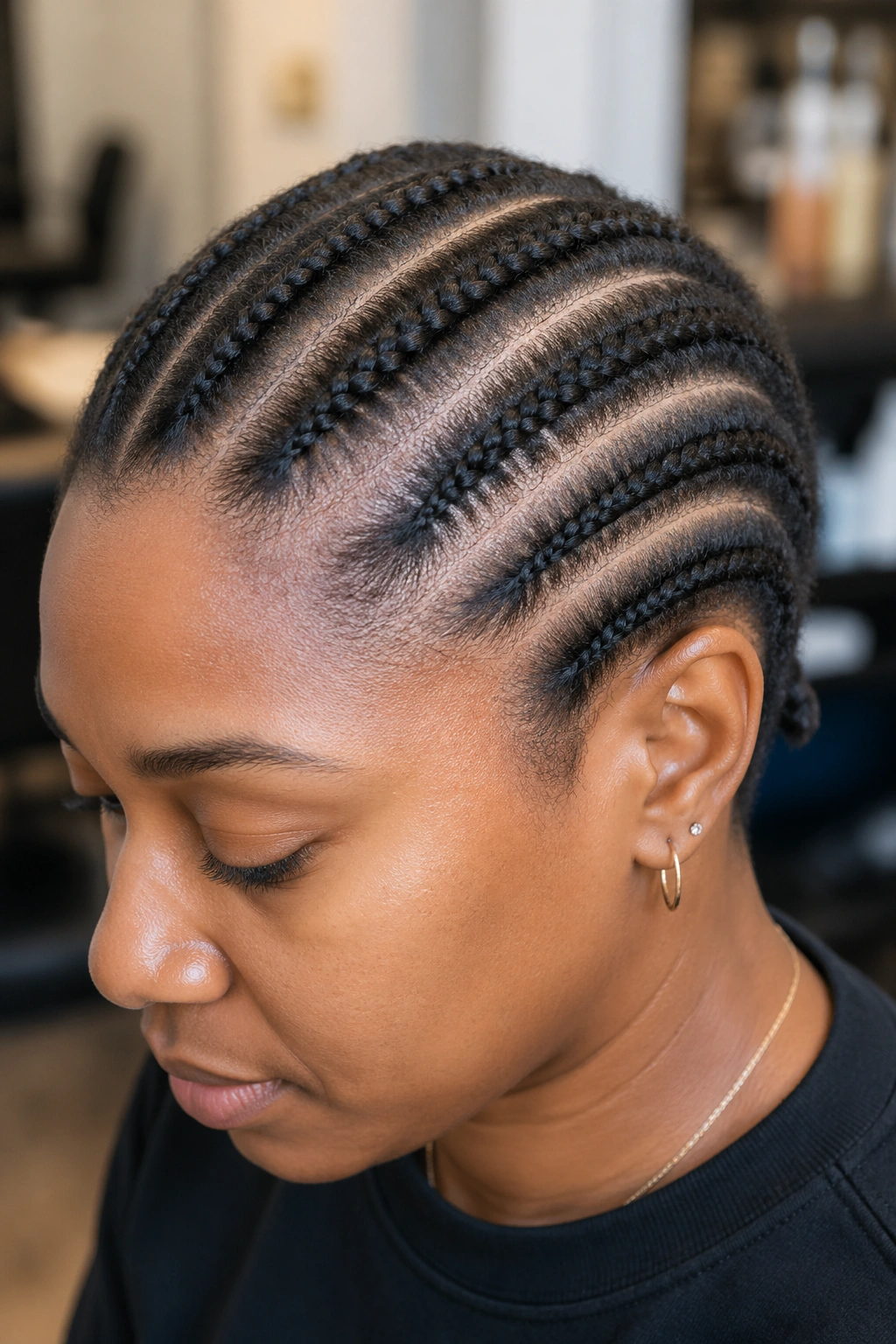 Six tight cornrows on a 2-4 inch TWA, frontal view