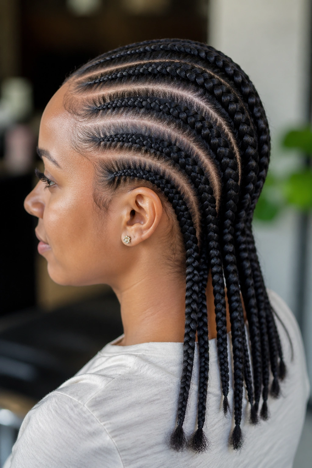 Side profile of a real woman displaying six-row feed-in cornrows