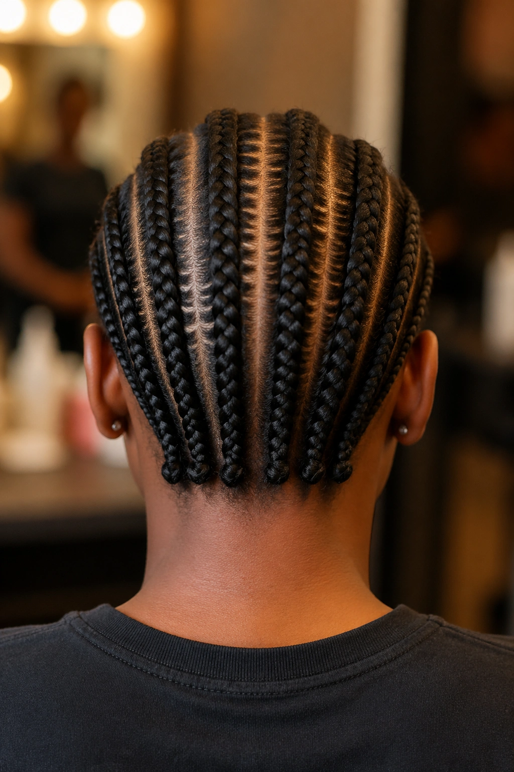 Back view of a real person with six straight-back cornrows.