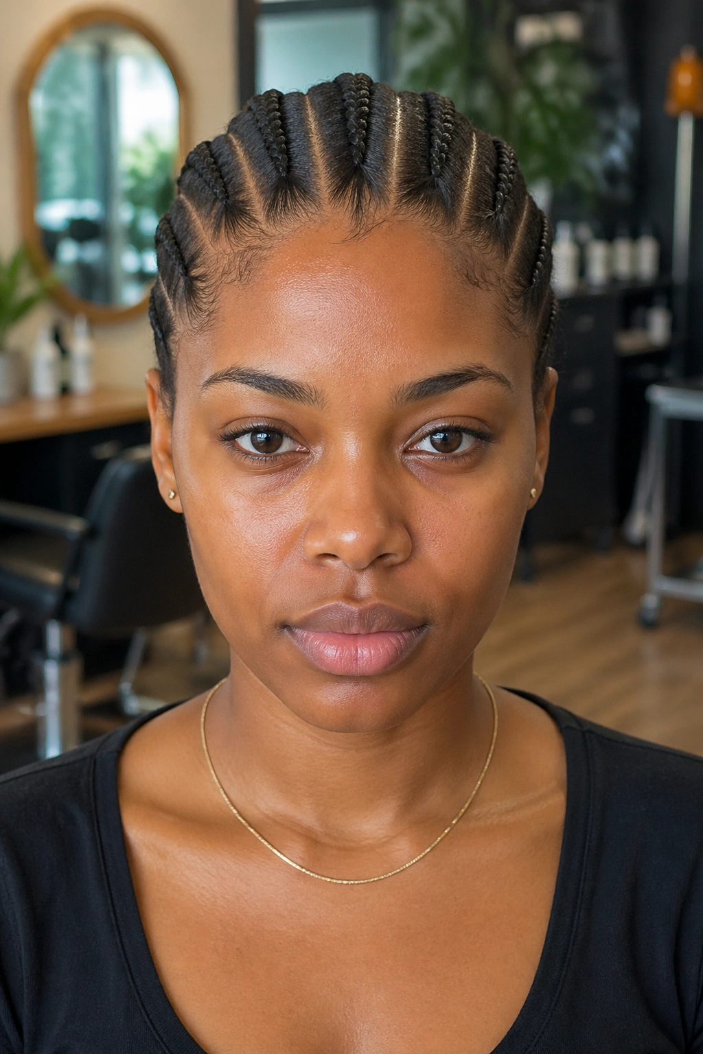Portrait of a real person with six straight-back cornrows