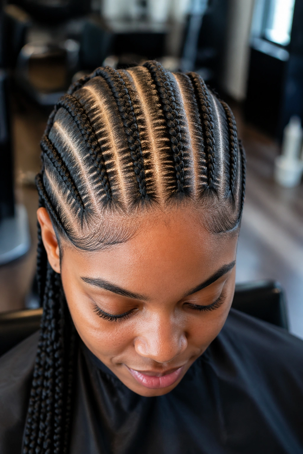Close-up of scalp with perfectly straight cornrow parts