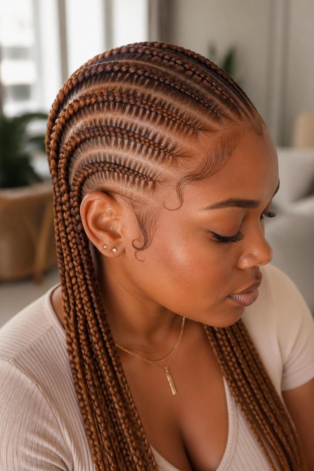 Portrait of a real person with honey brown stitch cornrows matching warm skin tone