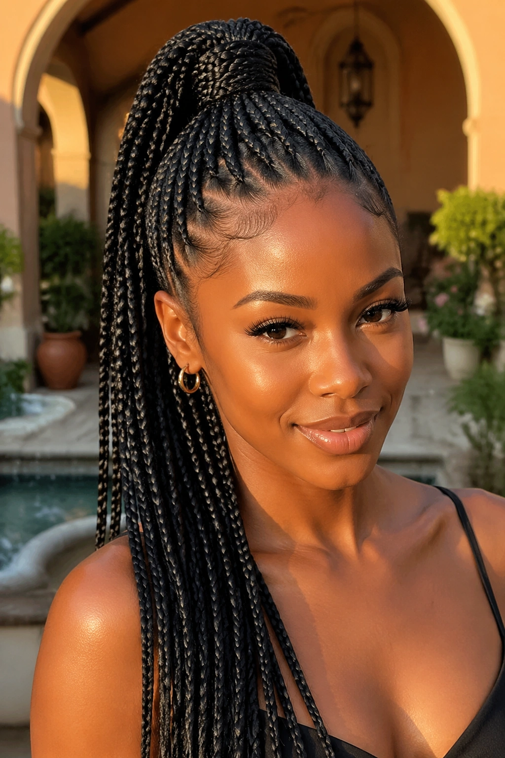 Woman with sky-high snatched ponytail during golden hour