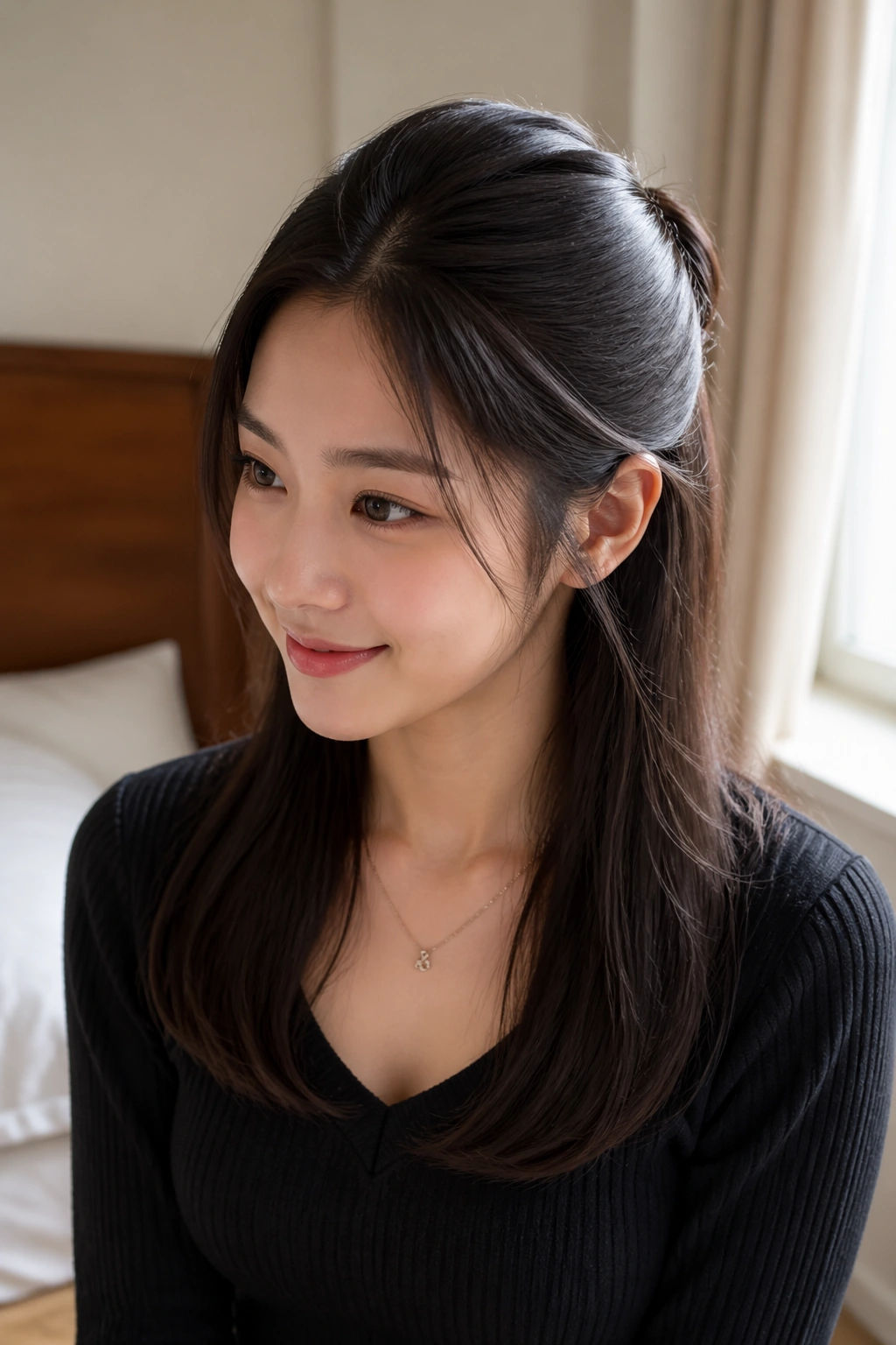 Close-up of a real woman wearing a Sleek Crown-Lift Half Ponytail with lifted crown and smooth lower lengths.