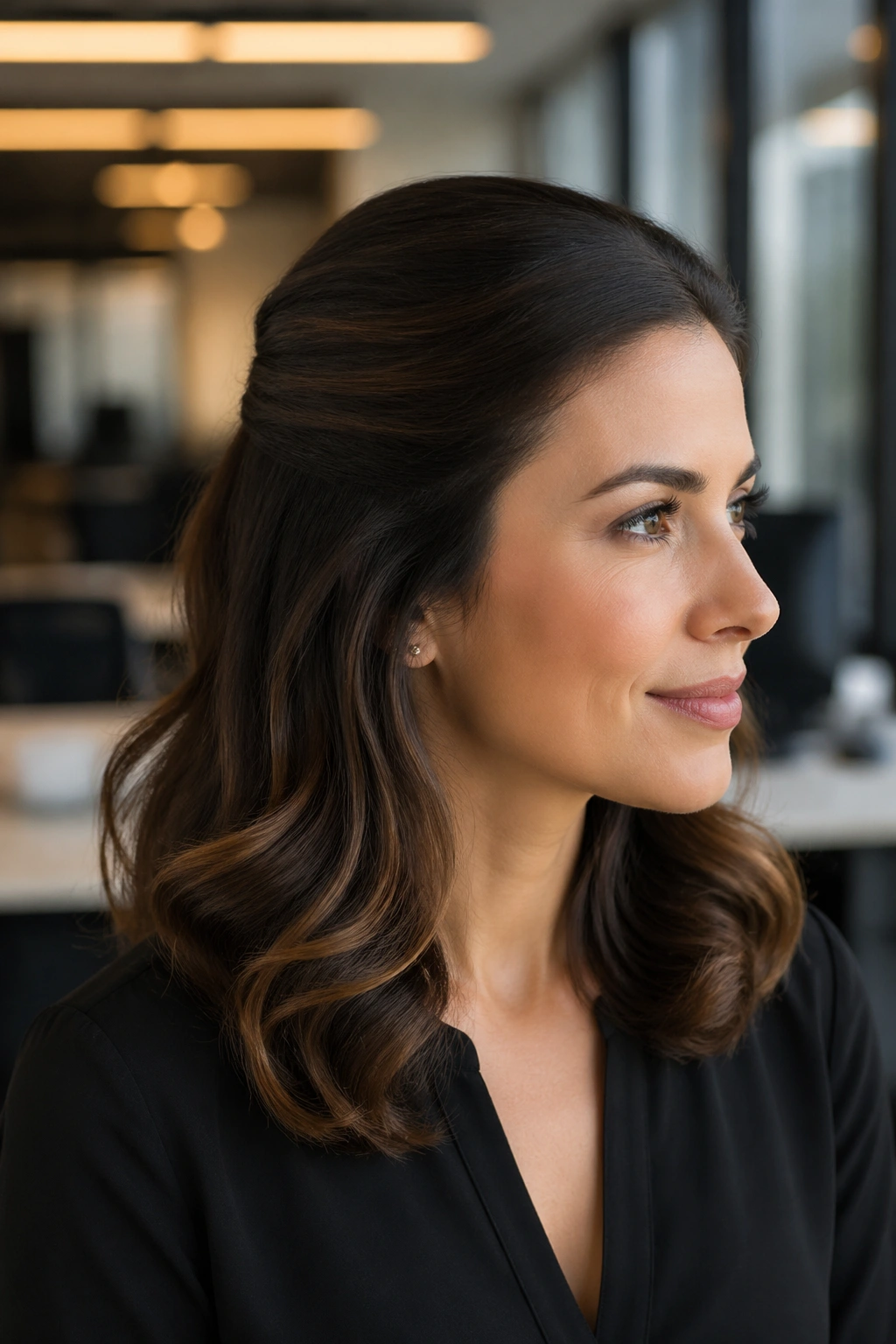 Real woman with a sleek crown and soft ends in a modern office