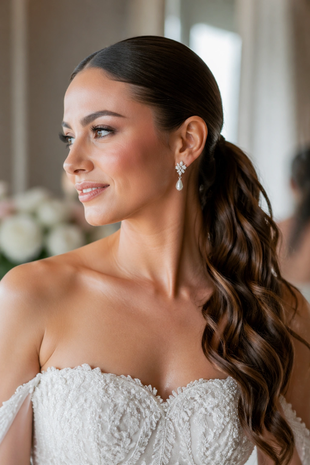 Close-up of real bride with Sleek Crown, Loose Wave Tail bridal hairstyle