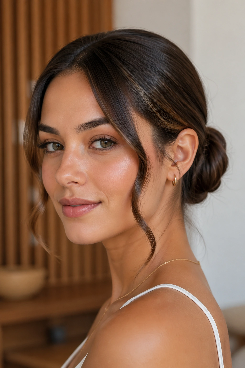 Close-up of a real woman with a sleek low bun and soft bend in a softly lit room