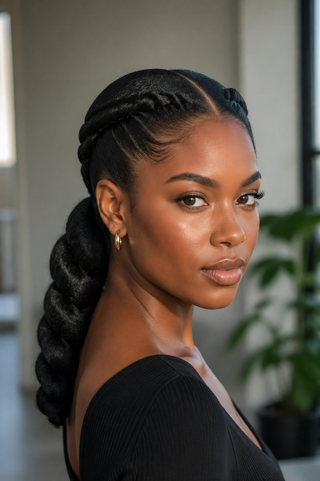 Close-up of a real woman with a sleek middle-part twist ponytail