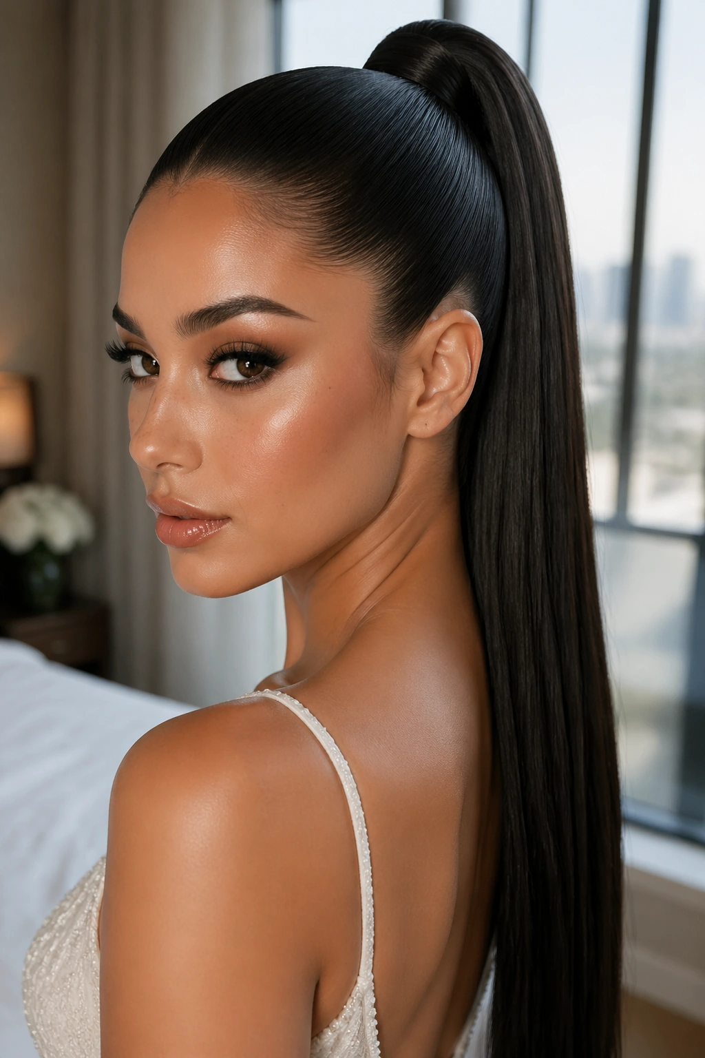 Close-up of a real bride with ultra-sleek long ponytail