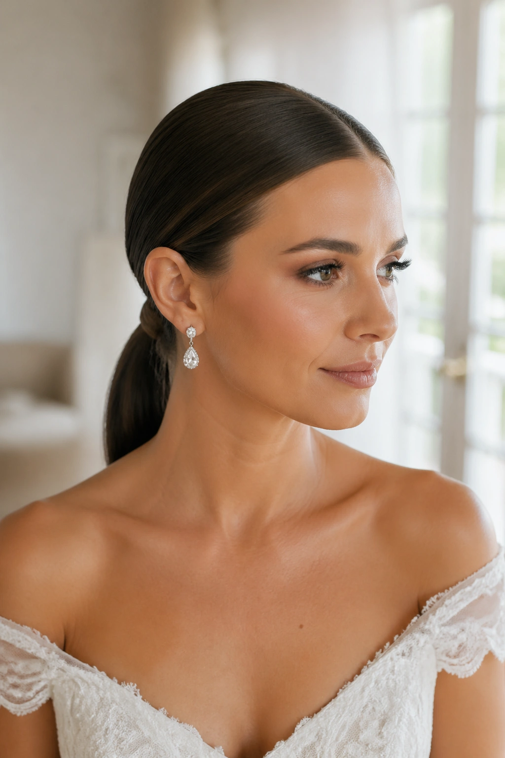 Close up of a real bride with Sleek Low Ponytail with Center Part showing a centered part and nape-length ponytail