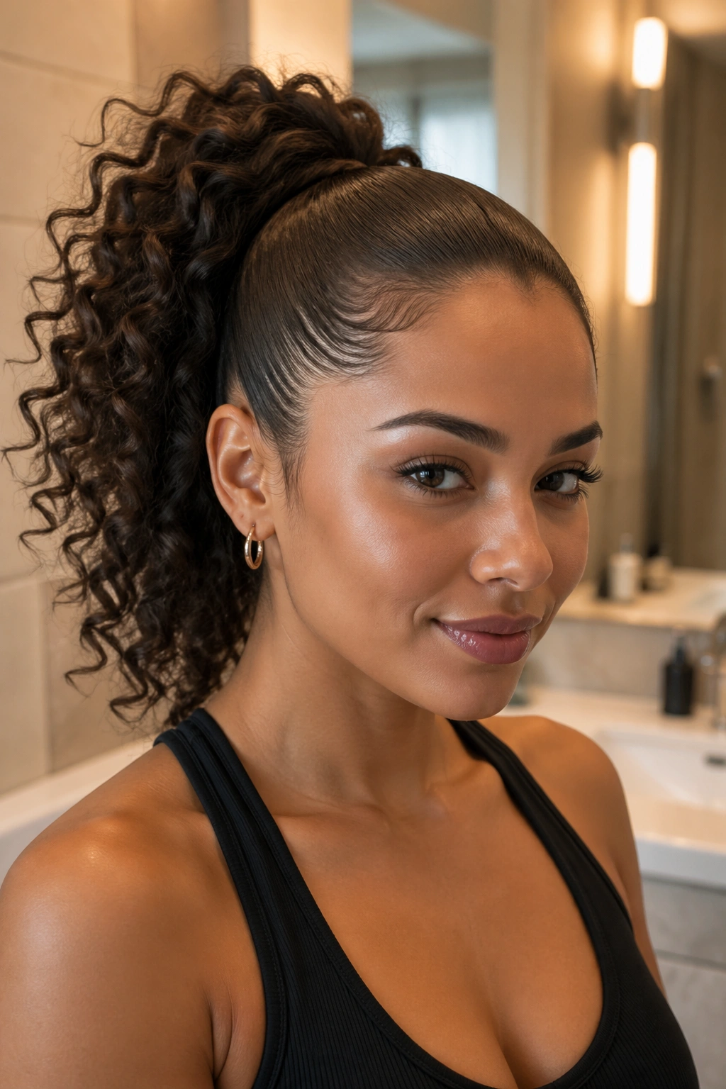 Portrait of a real woman with sleek front roots and curly tail ponytail