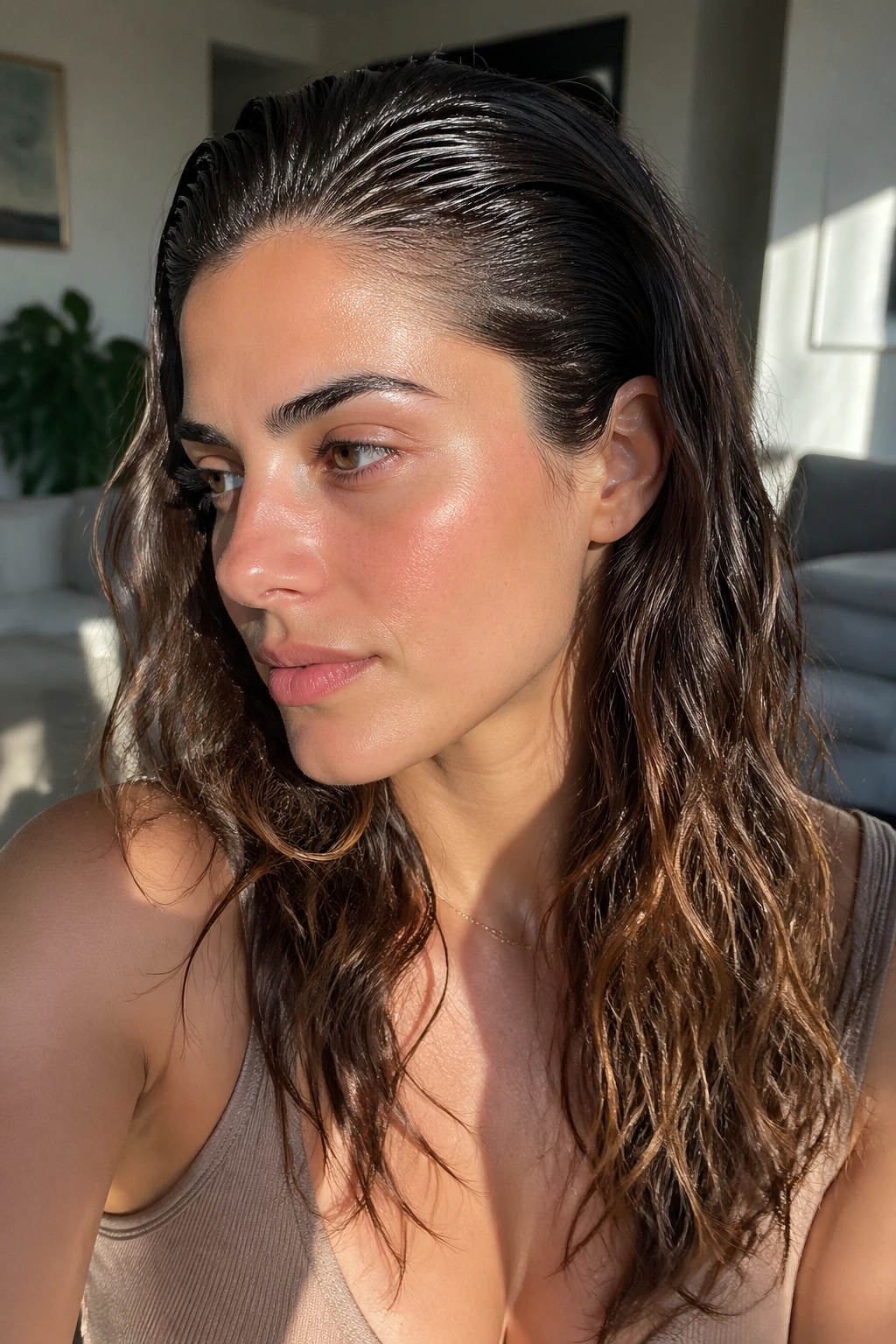 Close-up of a real woman with slicked roots at the crown and loose waves below