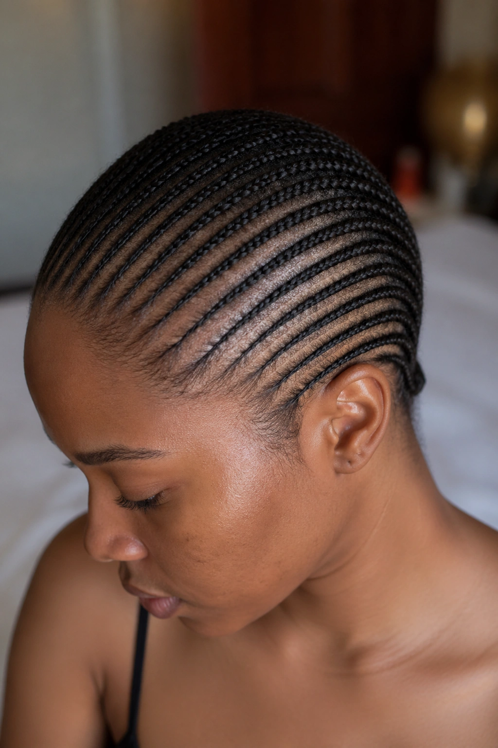 Close up of small cornrows on a real Black woman's head from hairline to nape in warm light