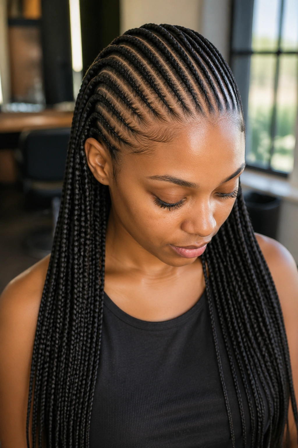 Close-up of a real woman with small cornrows in long hair