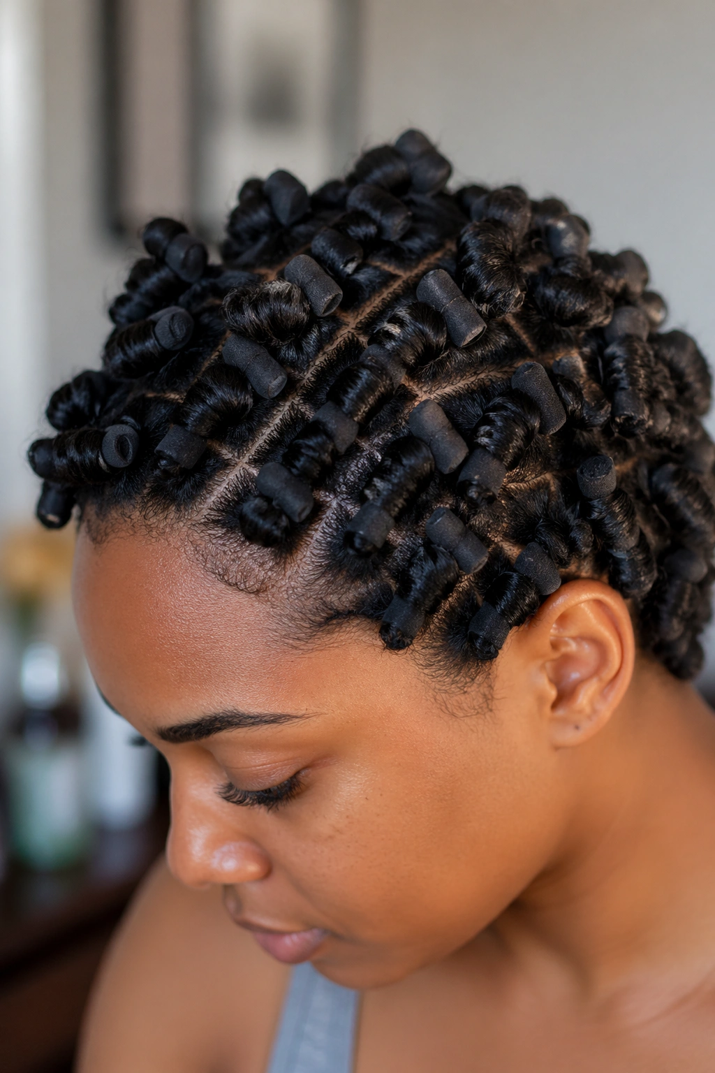 Close-up of small sock curls forming tight definition on a real person