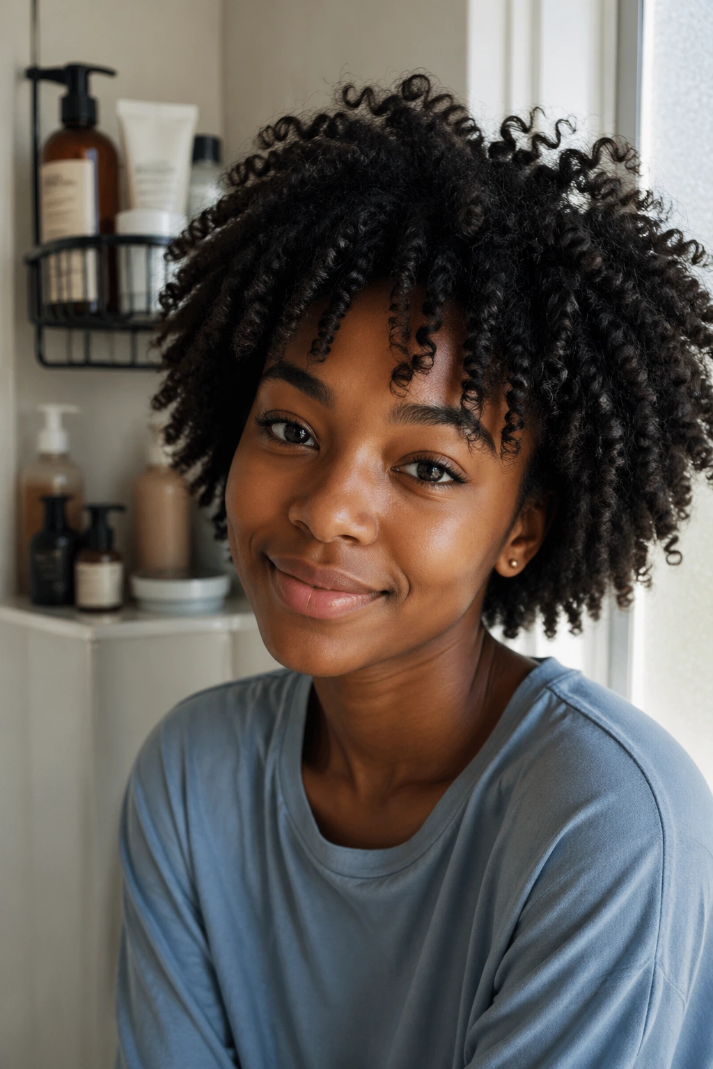 Student portrait with minimal hair products in a dorm setting