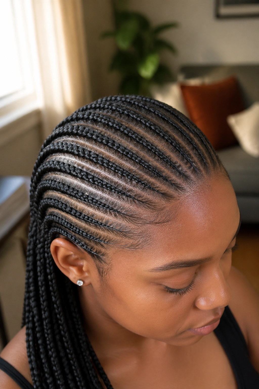 Close-up of twenty small stitch cornrows on a real woman in a living room