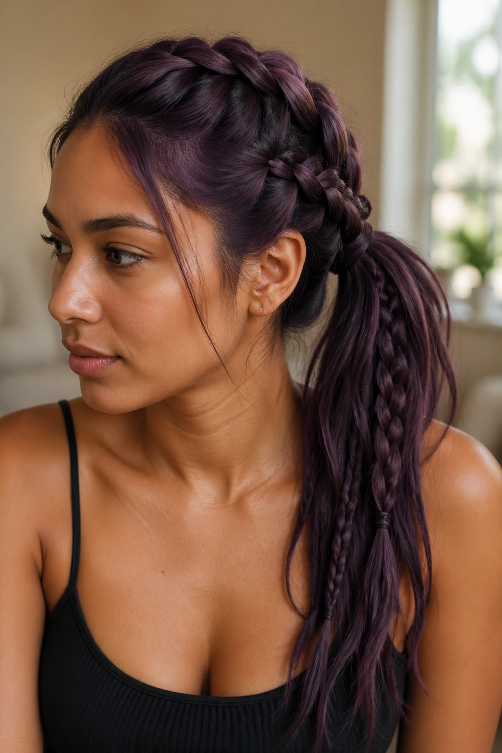 Close-up portrait of a person with smoky plum purple braided ponytail with braided ends