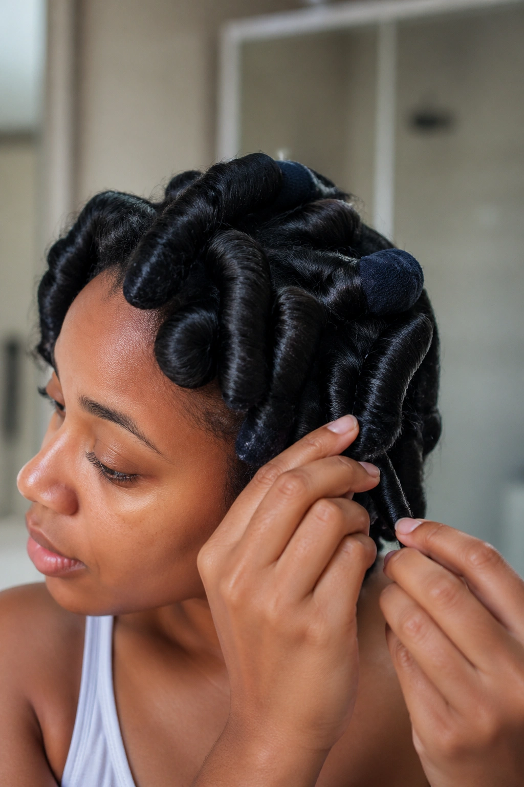 Close-up of hair maintenance on sock curls with hands adjusting curls