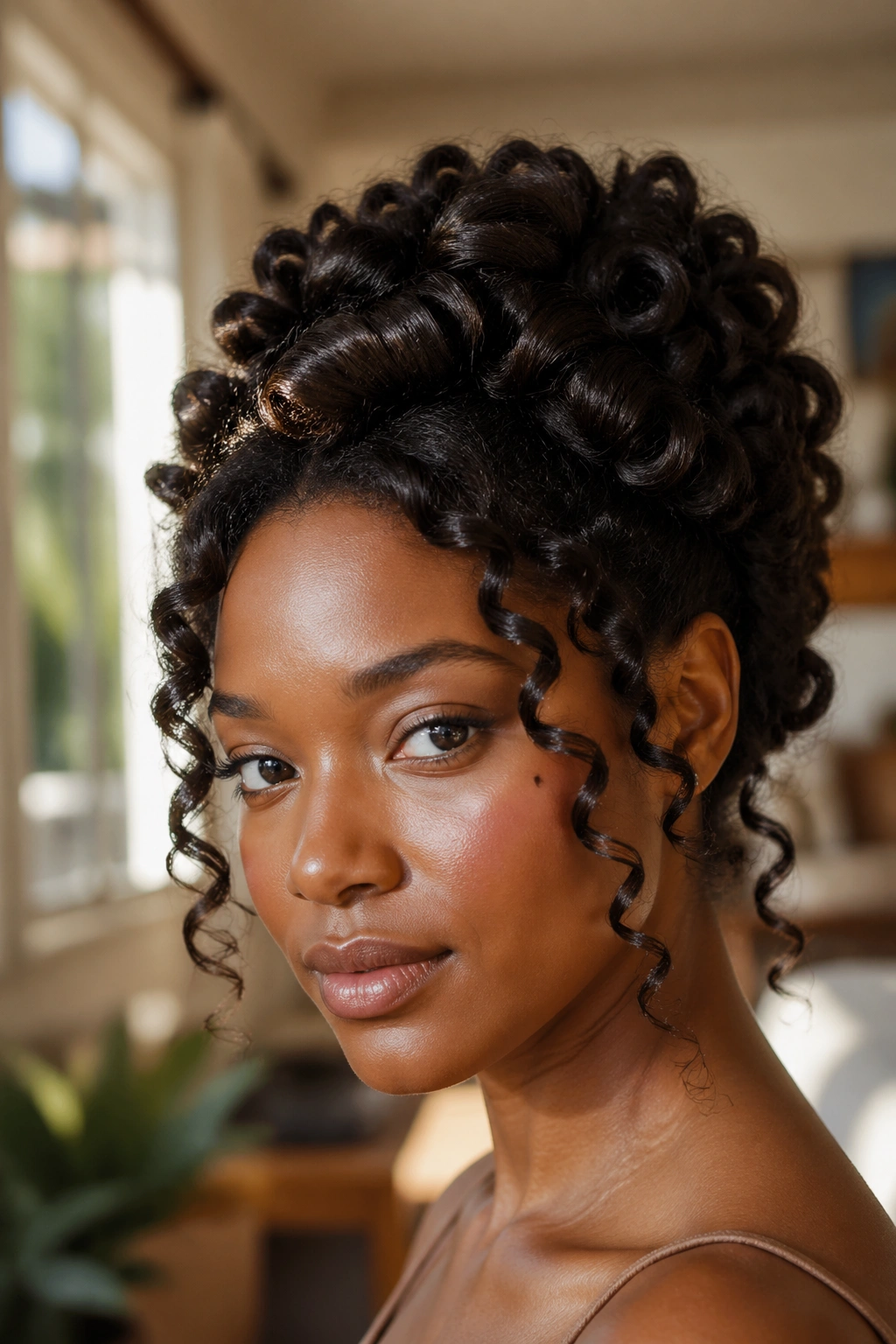 Real woman with a pinned sock curl updo in a softly lit living space