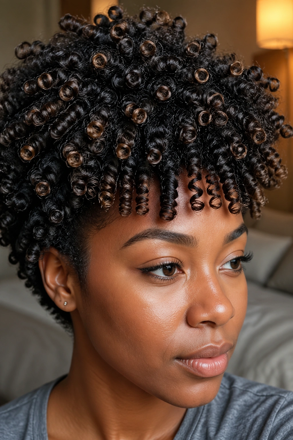 Close-up of a real person with sock curl-defined natural Afro, hair clumped and defined under warm window light
