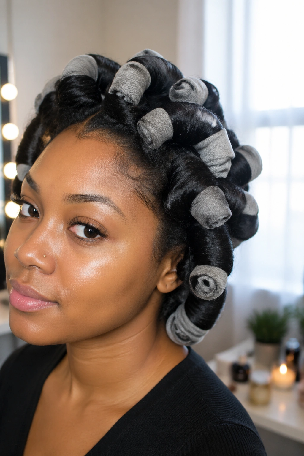 Close-up of a real person with blow-dried hair and sock curls showing length
